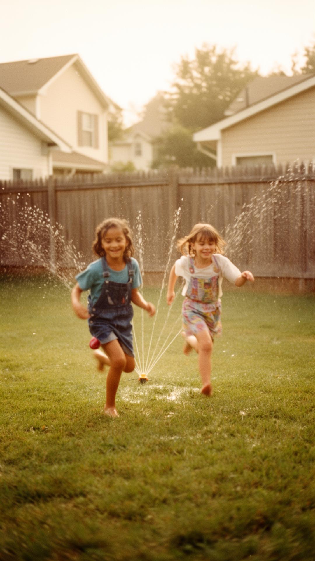 Kids running through a backyard sprinkler